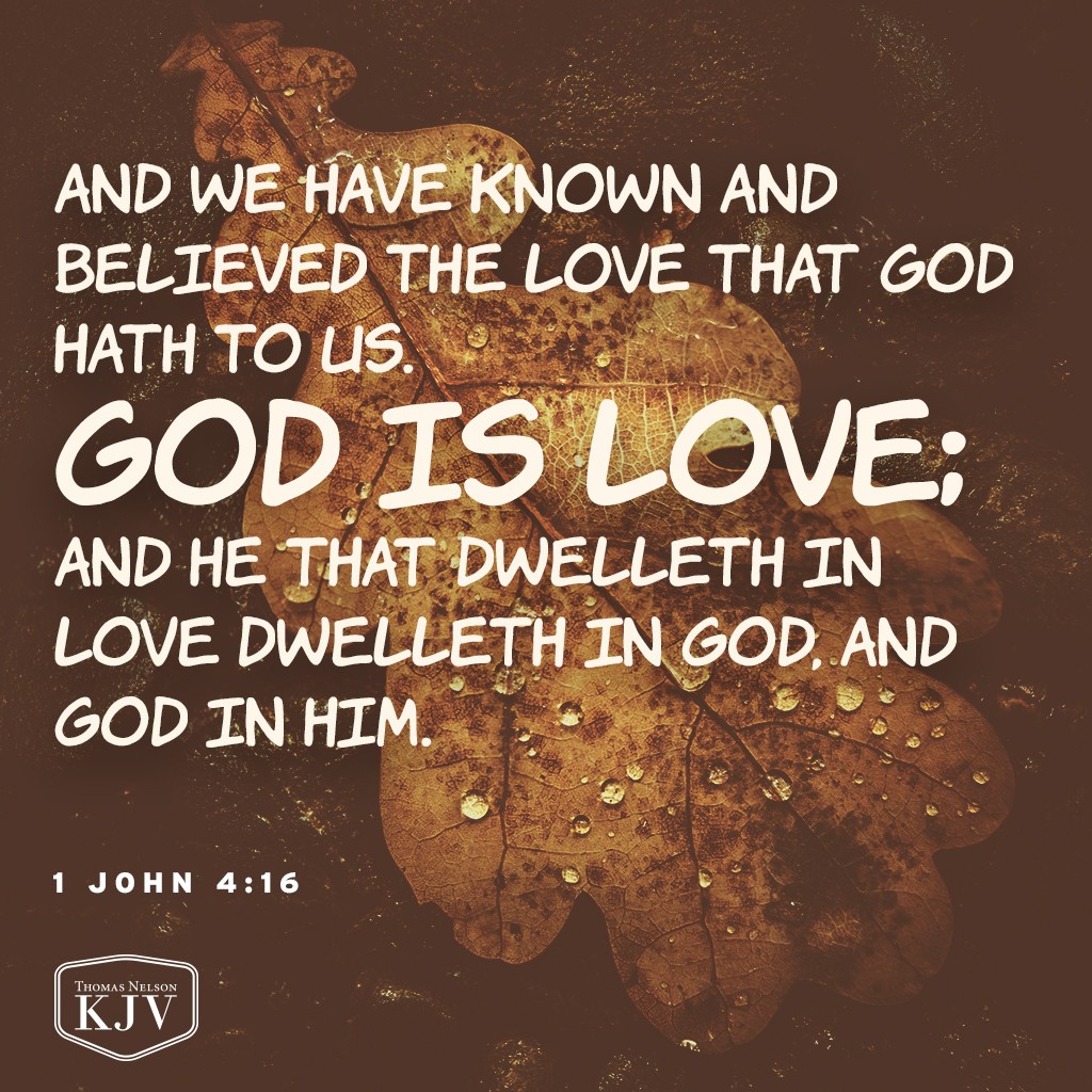 16 And we have known and believed the love that God hath to us. God is love; and he that dwelleth in love dwelleth in God, and God in him. 1 John 4:16