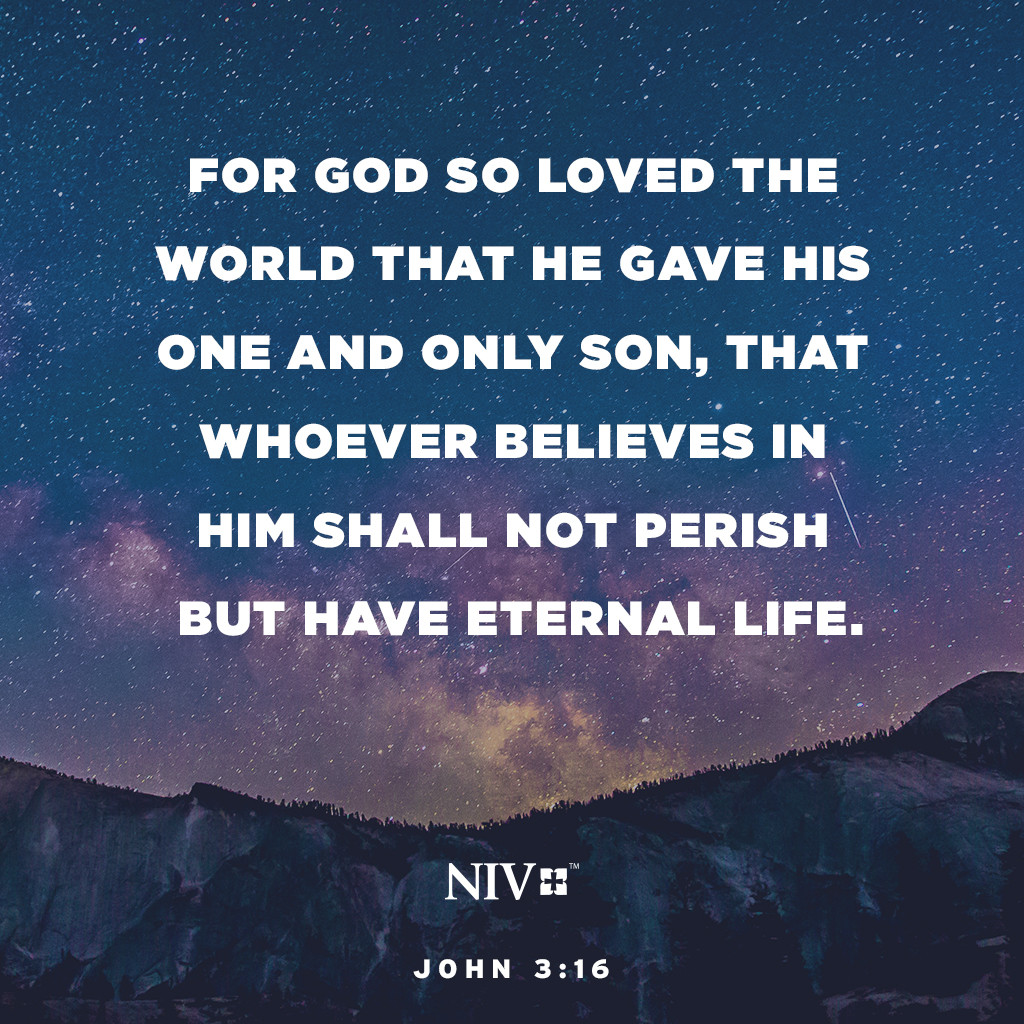 16 For God so loved the world that he gave his one and only Son, that whoever believes in him shall not perish but have eternal life. John 3:16