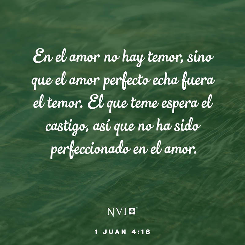 En el amor no hay temor, sino que el amor perfecto echa fuera el temor. El que teme espera el castigo, así que no ha sido perfeccionado en el amor. 1 Juan 4:18