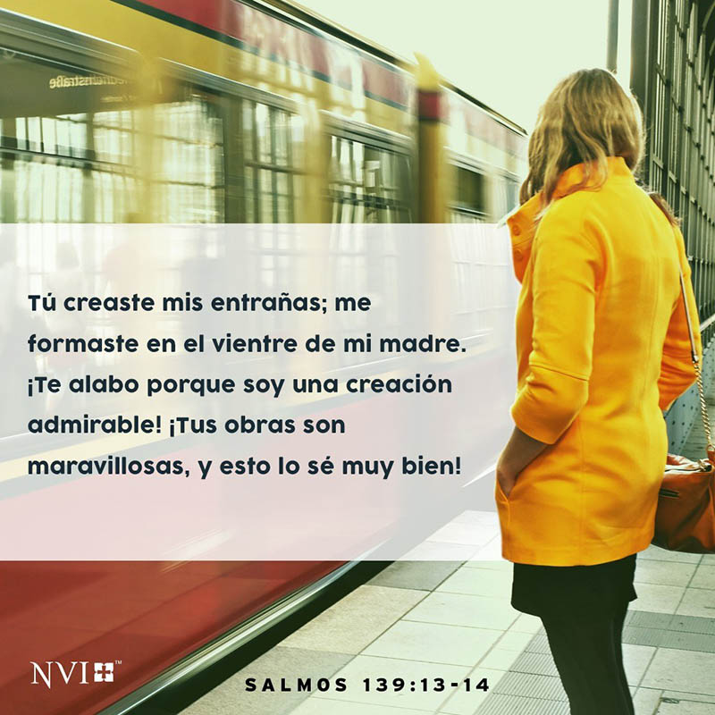 Tú creaste mis entrañas;
    me formaste en el vientre de mi madre.
¡Te alabo porque soy una creación admirable!
    ¡Tus obras son maravillosas,
    y esto lo sé muy bien! Salmos 139:13-14