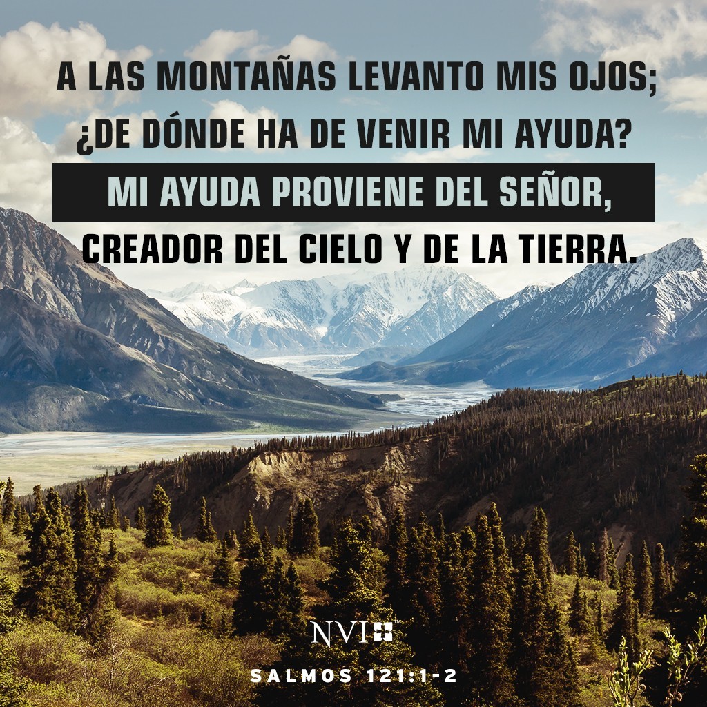 A las montañas levanto mis ojos;
    ¿de dónde ha de venir mi ayuda?
Mi ayuda proviene del Señor,
    creador del cielo y de la tierra. Salmos 121:1-2